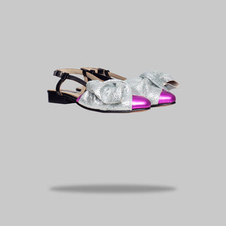 zapato con taco adela fucsia lazo plata