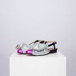 zapato con taco adela fucsia lazo plata