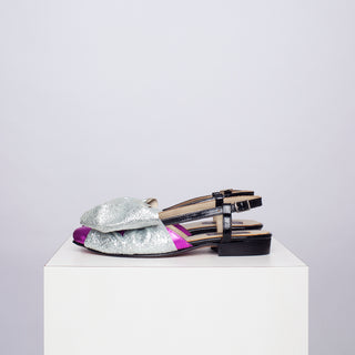 zapato con taco adela fucsia lazo plata