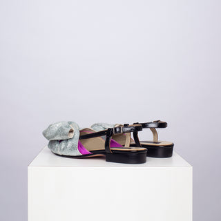 zapato con taco adela fucsia lazo plata