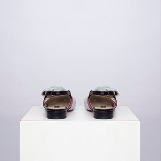 zapato con taco adela fucsia lazo plata