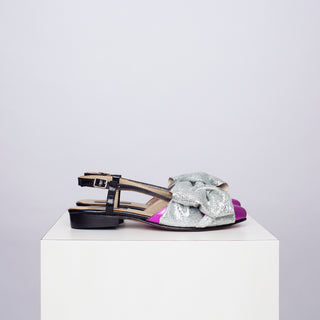 zapato con taco adela fucsia lazo plata